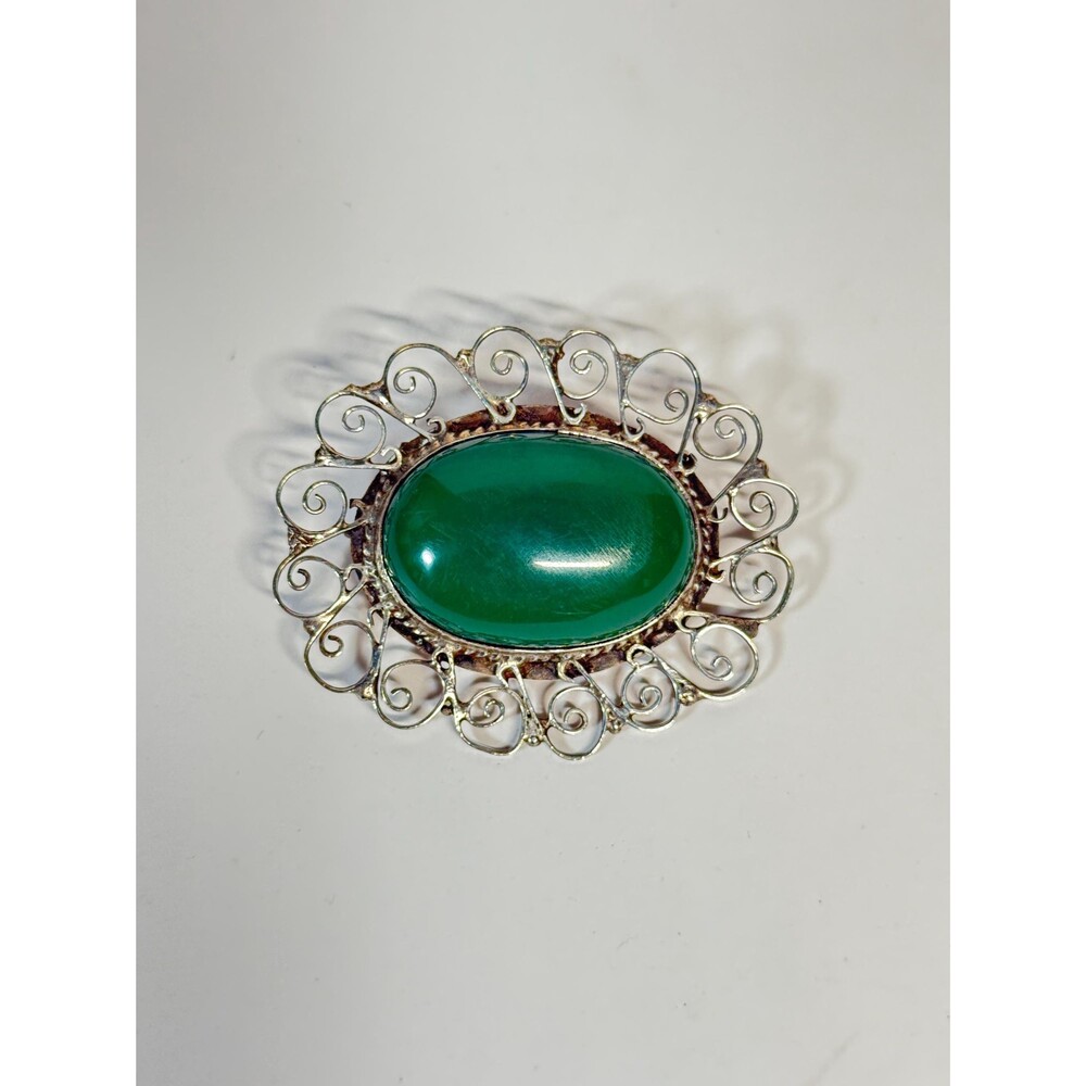 Vintage Taxco Mexico Sterling Silver Green Onyx Brooch Pendant